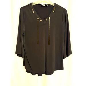 Chico's Black Tunic-Poly Bld-3/4 Bell Sleeve w/ Grommet/Chain‎ Accent Sz 2/M
